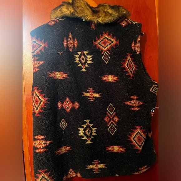 Vintage True Grit Southwestern Aztec Tapestry Vest Faux Fur Collar Sz L Women - Picture 3 of 6